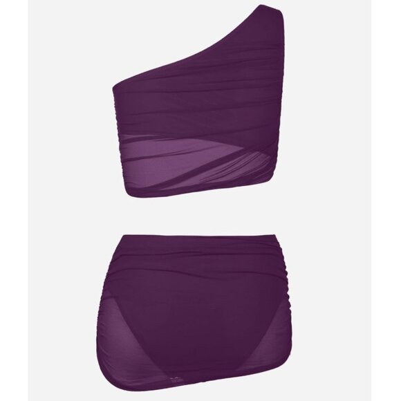 Cupshe Purple One Shoulder Bikini Set Small Mesh Ruched Skirt Swimwear Women’s - Picture 5 of 8